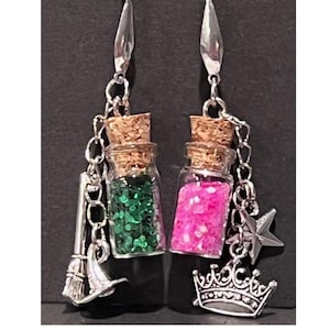 Wicked Inspired Glitter Dust Bottle Earrings: Elphaba vs Glinda
