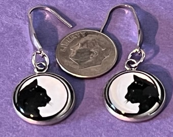 Cat Cabochon Earrings, Black Cat Earrings, Cat Silhouette Earrings,