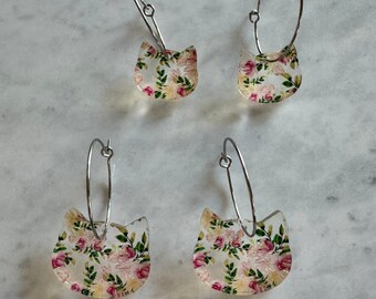 Floral cat hoop earrings, Flowers and cats, Acrylic hoop cat earrings, Cat lover earrings