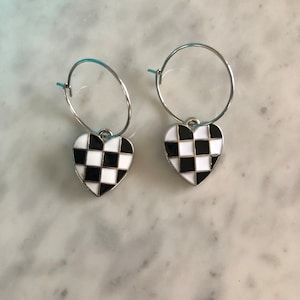 Racing earrings, Racing mom earrings, Black and white checkered heart earrings, Racing hoop earrings