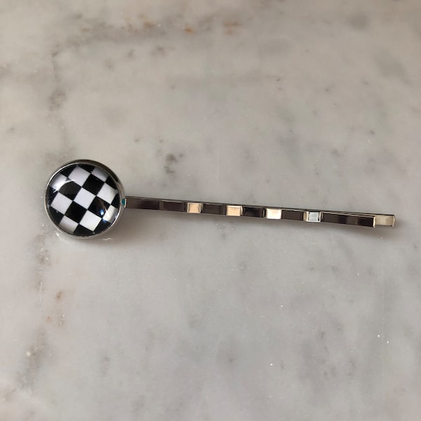 Racing accessories, Black and White Checkered Cabochon bobby pin, Racing Hair Clip, Checkered Hair accessories!