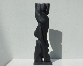 Contemporary black wooden sculpture | 21" abstract art piece | handcrafted with 'Yakisugi' finish | Black elegant home decor