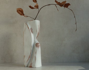 White wooden Shabby Chic 12-inch vase, perfect for dry flowers and branches, unique table shelf decoration