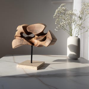 Abstract Walnut Wood Sculpture, Modern Minimalist Decor, Organic Art, Hand Carved Flower-Inspired Sculpture