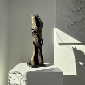 Hand-Carved Abstract Hardwood Sculpture: Modern Minimalist Wood Art