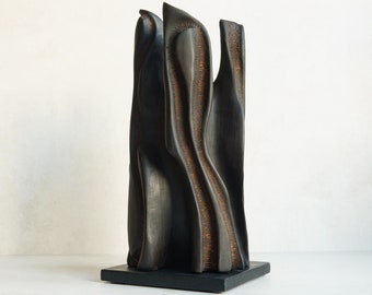 14" black abstract wood sculpture for modern home and office interiors, contemporary decoration in a futuristic and fantasy shape