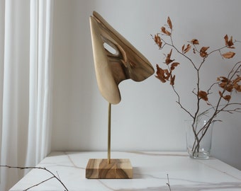 24 inch Wooden abstract sculpture, contemporary art, a statue with a minimalist design placed on a base