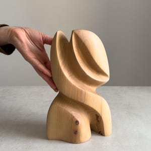 May include: A light-coloured wooden sculpture with a flowing, abstract design. The sculpture has a curved, organic shape with a smooth finish. The piece appears to be hand-carved and is displayed against a neutral background. The sculpture's height is approximately 25 cm.