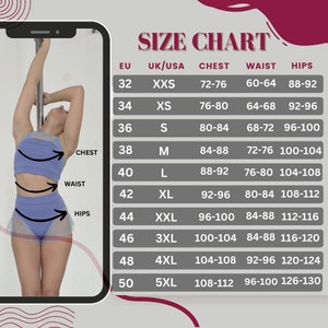May include: Size chart for clothing with measurements in inches. The chart shows EU sizes, UK/USA sizes, chest measurements, waist measurements, and hip measurements. The chart is on a pink background with a white border.