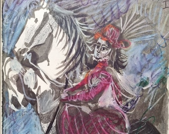 Pablo Picasso (1881-1971) "Jacqueline op het witte paard" Vintage lithografie uit de jaren 60, formaat 27 x 37,5 cm.