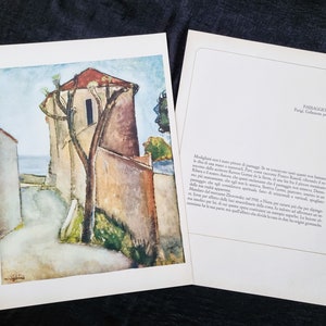 May include: Watercolor painting of a coastal scene with a building and a tree. The artwork features a building with a red roof and a tree with bare branches. The painting is on a white paper, with a second page with text.