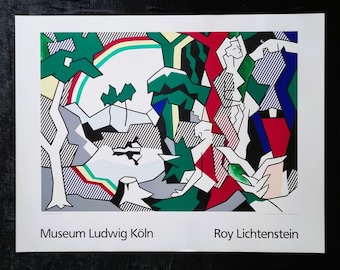 Roy Liechtenstein "Landschap met figuren en regenboog", formaat 90 x 70 cm. Grote zeefdruk uit 1980, Museum Ludwig, Keulen.