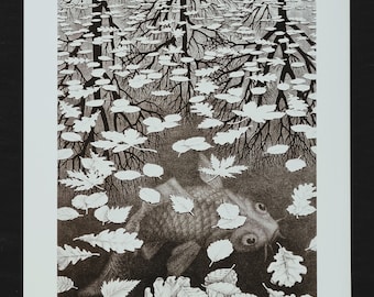 M.C. Escher "Drie Werelden, 1955" Vintage poster ©2004 M.C. Escher Stichting. Titel en beschrijving van het werk op de achterkant. 36,5 x 28,5 cm.