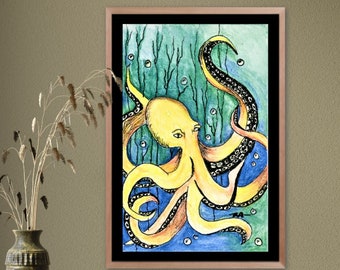 Octopus Art, Watercolor Painting, Nautical Under The Sea Creature 3D Art, Signed and Numbered, Limited Edition Prints, Wall Art