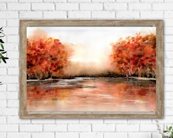 Autumn Reflections, Autumn Day, Original Watercolor Landscape Art, Water Reflections Art, Autumn Colors, Fall Landscape, Wall Art