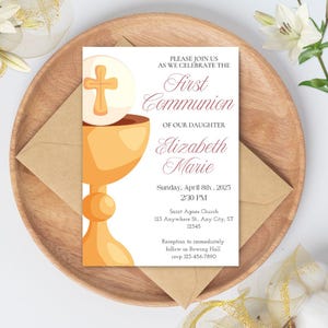 Invito stampabile per la prima comunione / Biglietto per la prima comunione / Invito modificabile per la prima comunione / Sacramenti cattolici / Modello Canva