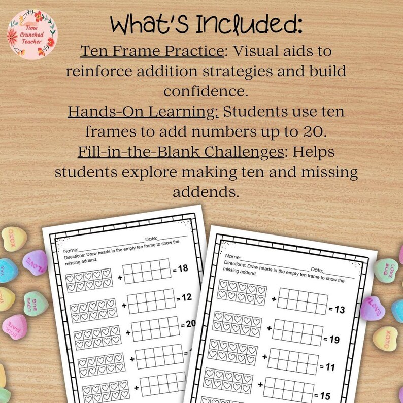 Printable Valentine's Day Themed Ten Frame Addition Practice for 1st ...