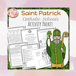 May include: A printable activity packet for Catholic schools celebrating Saint Patrick's Day. The packet includes a word search, crossword puzzle, prayer, and coloring page featuring Saint Patrick.