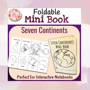 Puede incluir: Un mini-libro plegable titulado "Seven Continents" con una ilustración del mapa del mundo. El libro está diseñado para cuadernos interactivos y presenta contornos de los continentes. La portada dice "Seven Continents Mini-Book".