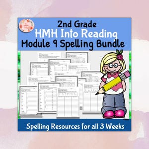 May include: A 2nd Grade HMH Into Reading Module 9 Spelling Bundle educational resource featuring multiple printable worksheets with spelling lists and word searches, accompanied by a cartoon illustration of a student holding a large yellow pencil.