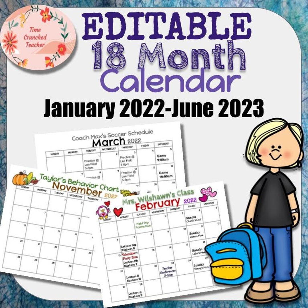 Editable 18 Month Calendar: January 2022-June 2023 - Etsy