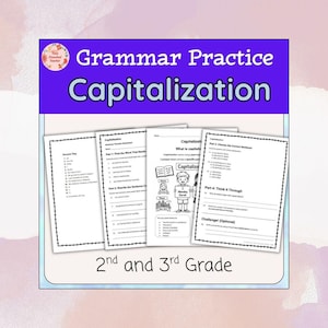 May include: A set of grammar practice worksheets focused on capitalization for 2nd and 3rd grade students. The worksheets are white with black text and include an answer key and exercises. The title "Capitalization" is prominently displayed.