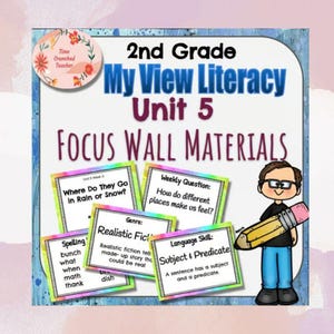 Puede incluir: Un colorido póster educativo para la alfabetización de segundo grado, con el texto "My View Literacy Unit 5 Focus Wall Materials". El póster incluye varias indicaciones de aprendizaje, una ilustración de dibujos animados de un estudiante sosteniendo un lápiz y el texto "¿A dónde van en la lluvia o la nieve?"