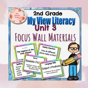Puede incluir: Un colorido póster educativo para la alfabetización de segundo grado. El póster incluye el título "My View Literacy Unit 3 Focus Wall Materials". Presenta tarjetas de lecciones sobre temas como "The Legend of the Lady Slipper" y "Subject & Predicate", junto con una ilustración de dibujos animados.