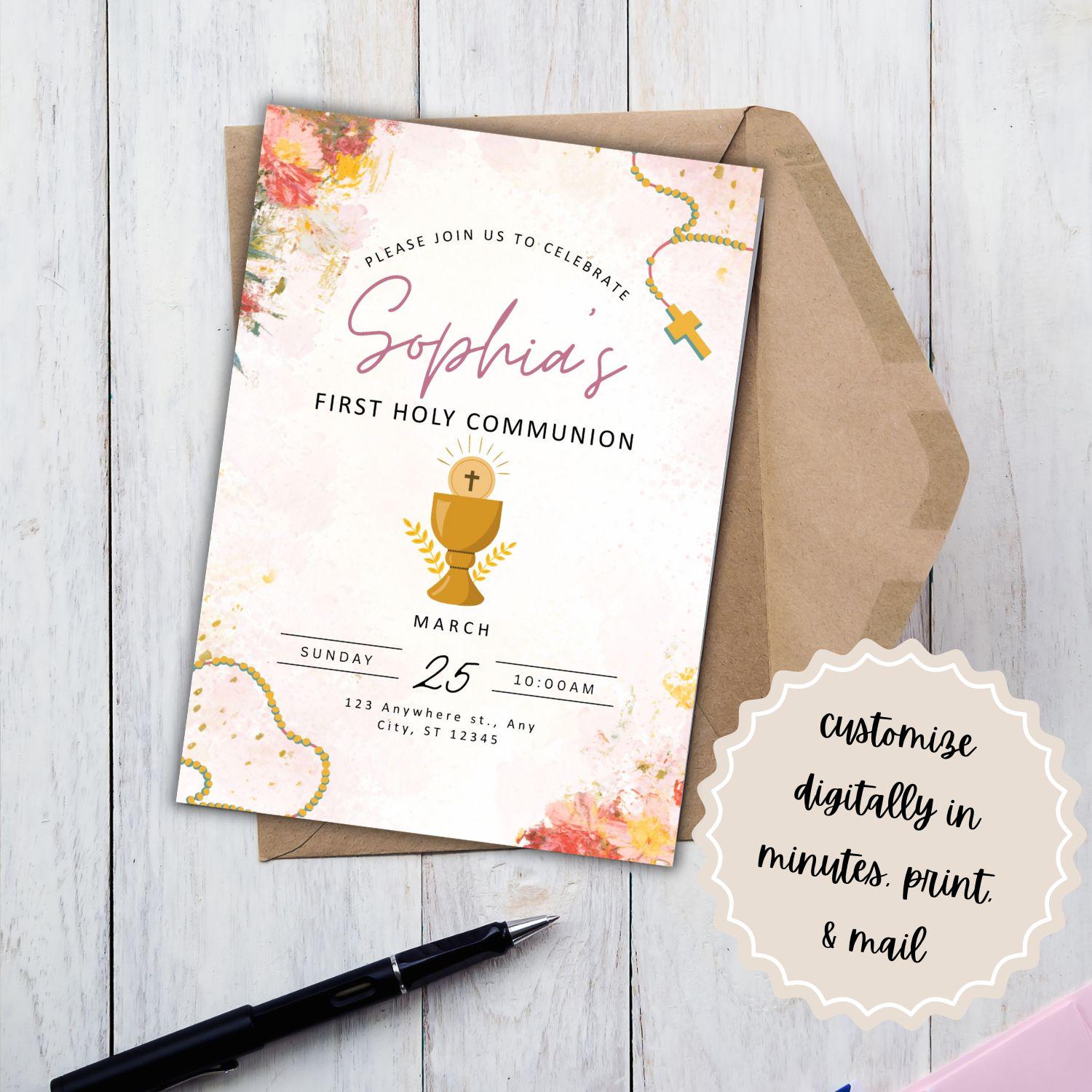 Floral First Communion Invitation | Editable Canva Template - Etsy
