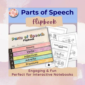 May include: A colorful flipbook titled "Parts of Speech" with sections for nouns, verbs, adjectives, adverbs, and pronouns. The cover and pages feature illustrations and the text "Engaging & Fun".
