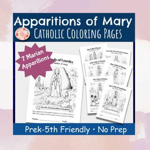 May include: A collection of Catholic coloring pages featuring Marian apparitions. The pages include illustrations of Our Lady of Lourdes, Our Lady of Knock, and others. Text includes "Apparitions of Mary" and "Catholic Coloring Pages."