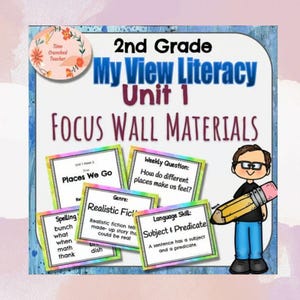 May include: An educational poster for 2nd grade literacy, featuring the text "My View Literacy Unit 1 Focus Wall Materials." The poster includes a cartoon illustration of a person holding a pencil and cards with educational content.