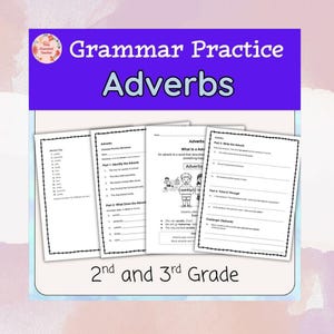 Könnte beinhalten: Arbeitsblätter zur Grammatikübung, mit Schwerpunkt auf Adverbien, geeignet für Schüler der 2. und 3. Klasse. Die Arbeitsblätter sind weiß mit schwarzem Text und Illustrationen.
