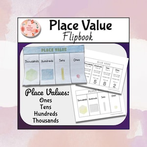 May include: A Place Value Flipbook educational resource featuring printed sheets with columns for Thousands, Hundreds, Tens, and Ones. The pages display numerical place value charts, base-ten block illustrations, and instructional text for math learning.