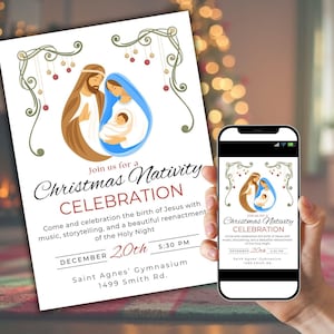 May include: A Christmas Nativity Celebration invitation with an illustration of Mary, Joseph, and baby Jesus. The invitation includes the date, time, and location: December 20th, 5:30 PM, Saint Agnes' Gymnasium, 1499 Smith Rd.