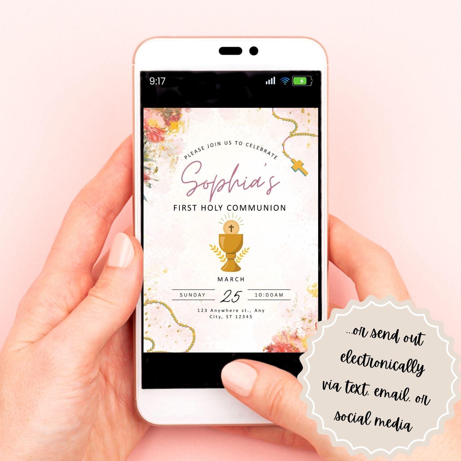 Floral First Communion Invitation | Editable Canva Template - Etsy