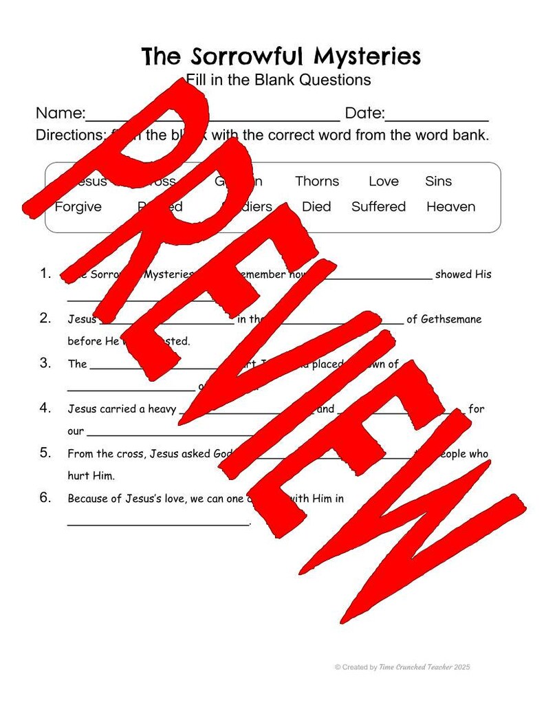 Printable Catholic School Worksheets | the Sorrowful Mysteries of the ...