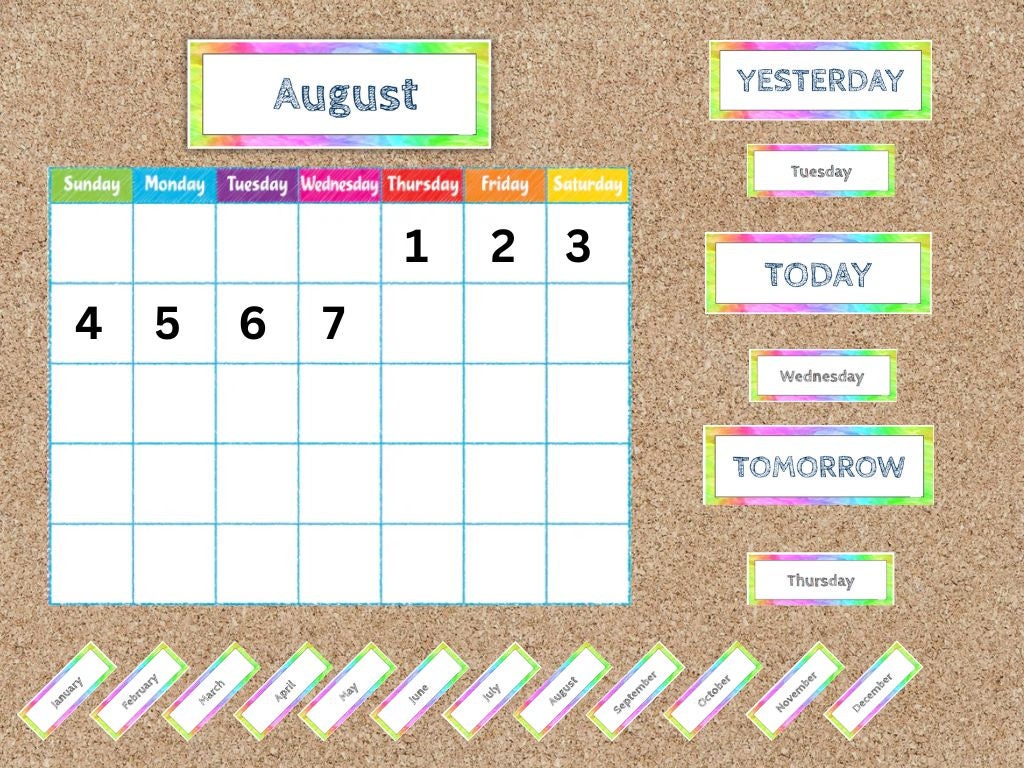 Printable Calendar Labels | Tie Dye Calendar Labels | Days of the Week Labels | Months of the ...