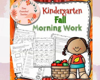 May include: A colorful educational worksheet set for kindergarten fall morning work. The image features a cartoon girl, a basket of apples, and several worksheets with fall-themed activities. Text includes "Kindergarten Fall Morning Work".