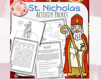May include: A printable activity packet for kids featuring St. Nicholas. The packet includes a word search, crossword puzzle, reading comprehension, and coloring page. The packet is black and white with red accents.