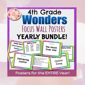 May include: A set of educational posters for 4th grade, with the title "4th Grade Wonders FOCUS WALL POSTERS YEARLY BUNDLE!". The posters are designed for focus walls and include spelling words, vocabulary, and writing prompts. The text is in a bold, clear font.