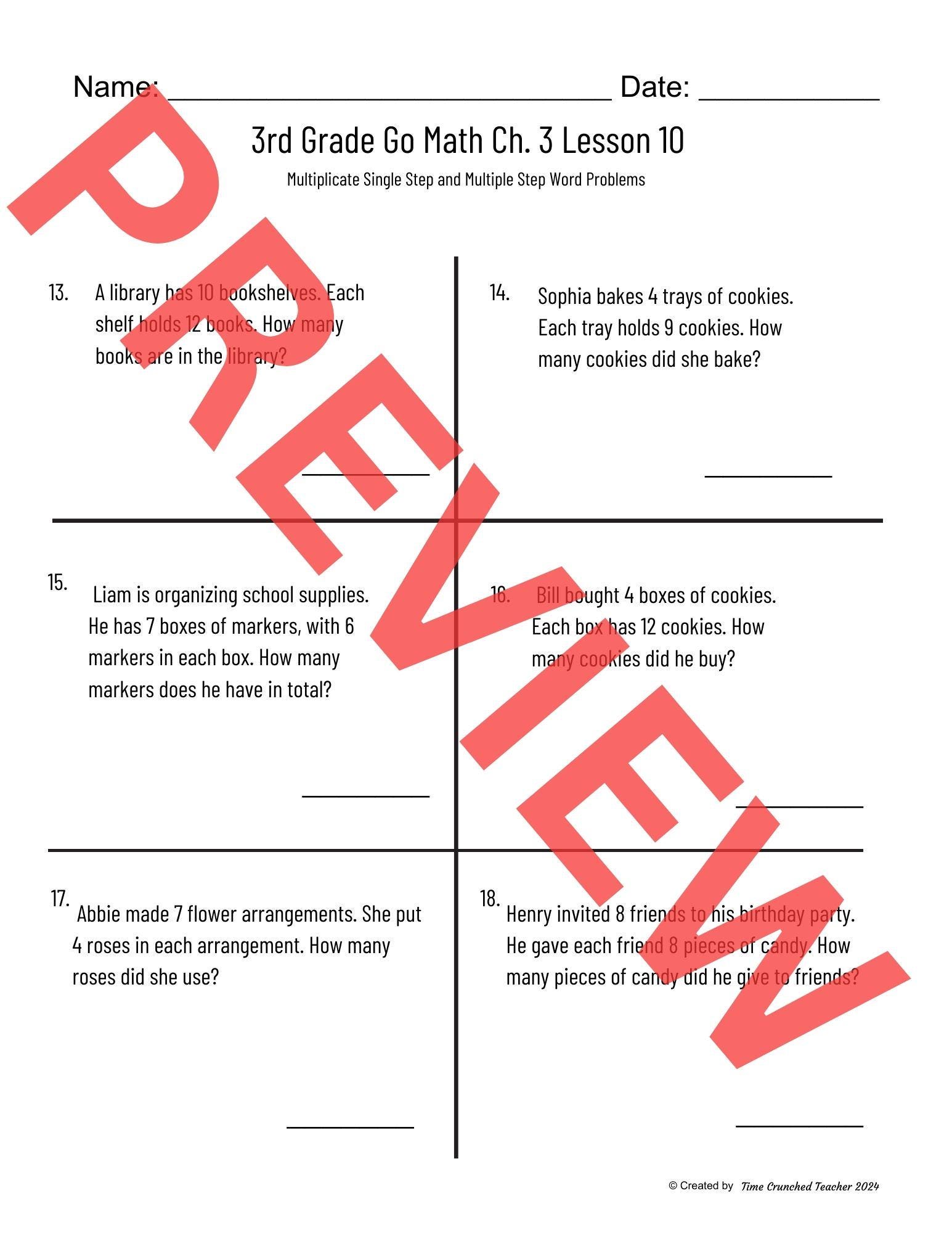 Printable 3rd Grade Go Math Ch. 3 Lesson 10 | Multiplication Word ...