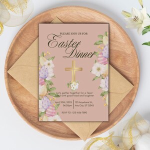 May include: A pink and gold Easter dinner invitation with a floral design and a gold cross. The invitation includes the text "Please join us for Easter Dinner" and details about the event, including the date, time, and location. RSVP to +123-456-7890.