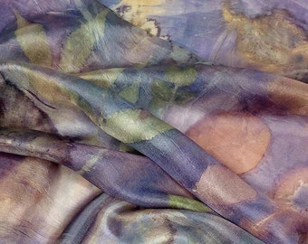 Eco printed, pure silk scarf, naturally dyed, handmade, unique design, purple, green, bronze, botanical print, sustainable, one of a kind