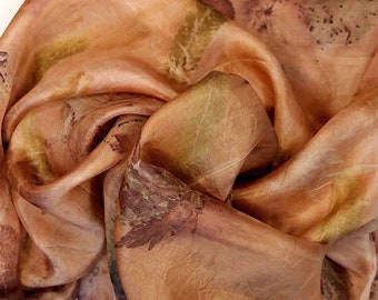 Eco printed, naturally dyed, pure silk scarf, coral, peach, pink, green, handmade, one-of-a-kind, eco-friendly, sustainable fashion,