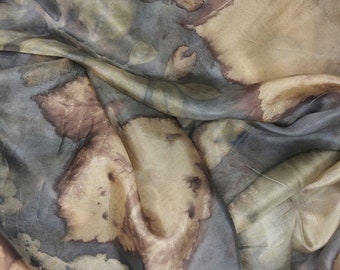 Pure silk scarf, sarong, eco printed, naturally dyed, botanical print, stone-washed blue, bronze, handmade, one of a kind, sustainably made