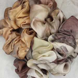 Pure silk handmade scrunchies, large size, naturally dyed, eco printed, synthetic-free, sustainable accessories in natural colours image 1