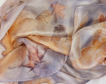 Eco printed, naturally dyed, pure silk scarf, silver, grey, rust, handmade, one-of-a-kind, ecofriendly, sustainable fashion, botanical print