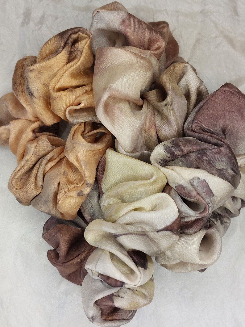 Pure silk handmade scrunchies, large size, naturally dyed, eco printed, synthetic-free, sustainable accessories in natural colours image 1