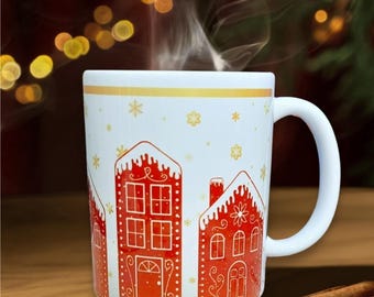 Kerstmok peperkoekhuis, koffiekopje voor de feestdagen, leuke mok kerstdorp, feestelijk wintercadeau
